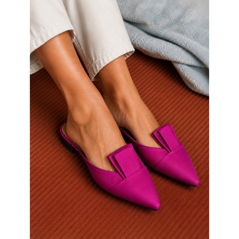 Lewit Mules Women's Size 8.5 Pink Good Satin Bow Pointed Toe Flat Shoes